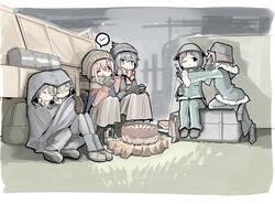  6+girls :d beanie book campfire camping chito_(shoujo_shuumatsu_ryokou) commentary_request crossover eating firewood genek hat helmet kagamihara_nadeshiko kettenkrad kuraue_hinata military military_uniform multiple_crossover multiple_girls muted_color open_mouth outdoors pushing_away pushing_face scarf shima_rin shoujo_shuumatsu_ryokou sleeping sleeping_on_person sleeping_upright smile uniform yama_no_susume yukimura_aoi yurucamp yuuri_(shoujo_shuumatsu_ryokou) 