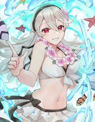  bikini black_hairband black_ribbon breasts corrin_(female)_(fire_emblem) corrin_(female)_(summer)_(fire_emblem) corrin_(fire_emblem) dragon_girl female fire_emblem fire_emblem_fates fire_emblem_heroes fish flower flower_necklace flower_neckwear frilled_bikini frills grin hairband highres looking_at_viewer medium_breasts official_alternate_costume pointy_ears red_eyes ribbon sakura_no_yoru smile solo swimsuit waist_ribbon white_bikini white_hair 