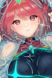  black_leotard blush breasts covered_collarbone female hair_between_eyes hands_up headpiece highres kyosuke1413koba leotard looking_at_viewer medium_breasts parted_lips partially_submerged pyra_(xenoblade) red_eyes red_hair smile solo upper_body water xenoblade_chronicles_(series) xenoblade_chronicles_2 