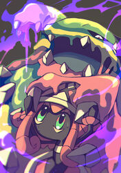  alolan_muk blurry commentary_request energy eyelashes grey_background highres looking_up no_humans open_mouth pokemon pokemon_(creature) red_eyes sweat tapu_lele tongue yottur 