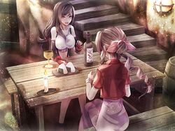  2girls aerith_gainsborough bar_(place) bottle breasts candle candlelight casket collarbone crop_top cup dress elbow_gloves final_fantasy final_fantasy_vii fingerless_gloves food gloves hair_ribbon highres jacket large_breasts long_hair low-tied_long_hair mirrorclew multiple_girls onigiri open_mouth picnic_table pink_dress pink_ribbon red_eyes red_gloves red_jacket ribbon sitting stairs swept_bangs table tank_top taut_clothes tifa_lockhart white_tank_top wine_bottle 