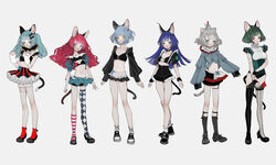  6+girls animal_ears animal_hands aqua_eyes aqua_hair asymmetrical_legwear bad_id bad_pixiv_id black_footwear blue_hair blush breasts cat_ears cat_tail checkered_clothes checkered_legwear chino_(valis) gloves green_hair grey_eyes grey_hair hat highres kamitsubaki_studio long_hair long_sleeves medium_breasts midriff multiple_girls myu_(valis) navel neffy_(valis) nekosuke_(oxo) nina_(valis) paw_gloves pleated_skirt puffy_short_sleeves puffy_sleeves rara_(valis) red_eyes red_hair red_legwear shoes short_hair short_shorts short_sleeves shorts simple_background single_thighhigh sinsekai_studio skirt sleeves_past_fingers sleeves_past_wrists small_breasts socks standing striped_clothes striped_socks tail thighhighs uneven_legwear valis_(sinsekai) virtual_youtuber vitte_(valis) white_background white_legwear yellow_eyes 