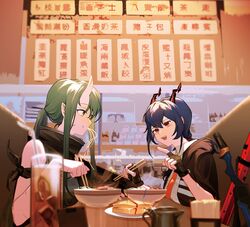  2girls arknights blue_hair bowl cafe ch&#039;en_(arknights) chinese_text chopsticks commentary cup dragon_horns drinking_glass eating fingerless_gloves food gloves green_hair highres holding holding_chopsticks horns hoshiguma_(arknights) mixed-language_commentary multiple_girls noodles plate pointing pointy_ears sandwich scabbard sheath skin-covered_horns sword table tea ting_(machi_nakahara) traditional_chinese_text translated weapon 