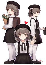  ainy backpack bad_id bad_pixiv_id bag beret black_bow black_bowtie black_footwear black_headwear black_ribbon black_skirt blouse blush bouquet bow bowtie brown_eyes brown_hair collared_shirt commentary_request female flower hat hatoba_tsugu highres holding holding_bouquet holding_flower long_sleeves looking_at_viewer mole mole_under_eye multiple_views neck_ribbon pantyhose photoshop_(medium) randoseru revision ribbon shirt shoes short_hair skirt smile standing suspender_skirt suspenders tsugu_(vtuber) tulip virtual_youtuber white_flower white_legwear white_shirt white_tulip 