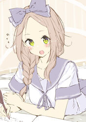  :o absurdres atelier_(series) atelier_firis bad_id bad_pixiv_id bed_sheet blue_bow blue_ribbon blue_sailor_collar blue_skirt blush bow braid brown_hair collarbone commentary_request female firis_mistlud flying_sweatdrops green_eyes hair_over_shoulder hairbow highres holding holding_pen long_hair lying minidraco neck_ribbon nib_pen_(object) on_stomach open_mouth parted_bangs pen pleated_skirt ribbon sailor_collar school_uniform serafuku shirt short_sleeves single_braid skirt solo white_shirt 