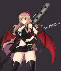  bad_id bad_pixiv_id bat_wings black_thighhighs blonde_hair bow breasts buckle buttons cleavage dungeon_and_fighter female female_gunner_(dungeon_and_fighter) female_launcher_(dungeon_and_fighter) flamethrower grey_background gunner_(dungeon_and_fighter) hairbow hand_on_own_hip highres korean_text large_breasts launcher_(dungeon_and_fighter) long_hair miniskirt navel panties parted_lips photoshop_(medium) red_eyes shaojiang simple_background skirt solo thighhighs underwear weapon white_panties wings 