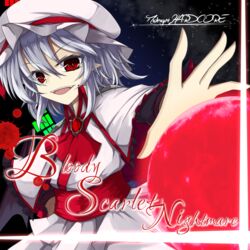  :d akisome_hatsuka album_cover audio_visualizer bat_wings blood blood_splatter brooch capelet commentary_request cover danmaku embellished_costume fangs female hat jewelry looking_at_viewer mob_cap open_mouth pointy_ears purple_hair red_eyes remilia_scarlet sash short_hair smile solo title touhou wings 