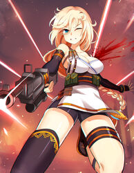  belt bike_shorts black_gloves black_thighhighs blonde_hair blood blue_eyes braid breasts cleavage clenched_teeth commentary_request dungeon_and_fighter elbow_gloves elsword female female_gunner_(dungeon_and_fighter) fingerless_gloves freyja_(elsword) gloves gunner_(dungeon_and_fighter) injury large_breasts long_hair one_eye_closed onigensou rose_(elsword) shirt shoes single_braid single_thighhigh solo spitfire_(dungeon_and_fighter) teeth thighhighs white_shirt wince 