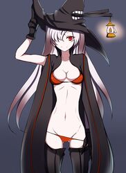  abyssal_ship bad_id bad_pixiv_id bikini coat commentary_request female gloves halloween hat kantai_collection kotohane long_hair pale_skin red_bikini red_eyes solo southern_ocean_oni swimsuit thighhighs trench_coat very_long_hair white_hair witch_hat 