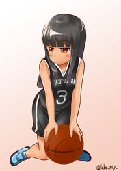  absurdres all_fours backwards_text ball basketball basketball_(object) basketball_uniform black_hair blunt_bangs brooklyn_nets commentary_request female hatsuyuki_(kancolle) highres kantai_collection kashisu_mint long_hair national_basketball_association orange_eyes photoshop_(medium) solo sportswear twitter_username 