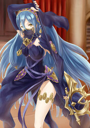  absurdres arm_up asymmetrical_legwear azura_(fire_emblem) azura_(performing_arts)_(fire_emblem) black_sleeves blue_dress blue_hair blue_legwear blue_panties bridal_gauntlets commentary_request detached_sleeves dress female fire_emblem fire_emblem_fates fire_emblem_heroes floating_hair hair_between_eyes highres holding holding_polearm holding_weapon ikastak jewelry long_dress long_hair long_sleeves looking_at_viewer mouth_veil necklace outdoors panties pantyhose polearm see-through side_slit single_leg_pantyhose sleeveless sleeveless_dress solo standing thighlet underwear uneven_legwear veil very_long_hair weapon yellow_eyes 