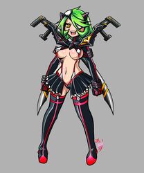  bad_id bad_pixiv_id bladed_tonfa eyepatch female green_hair hair_over_one_eye highres kill_la_kill kimyouna_juju midriff otonashi_kiruko revealing_clothes senketsu shinmai_fukei_kiruko-san short_hair skirt suspenders tonfa weapon 