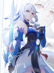  absurdres bare_shoulders black_gloves blue_dress blue_sleeves breasts commentary_request covered_eyes cowboy_shot crystal_sword detached_sleeves dress earrings female from_below gloves hair_between_eyes hand_on_own_chest highres holding holding_sword holding_weapon honkai:_star_rail honkai_(series) jewelry jingliu_(honkai:_star_rail) large_breasts long_hair looking_at_viewer no_pupils parted_lips red_eyes solo sword tingyu_(490101957) weapon white_hair zoom_layer 