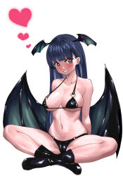  animal_print arms_behind_back bat_print bikini black_bikini black_footwear black_wings blue_hair blush boku_no_kokoro_no_yabai_yatsu boots breasts brown_eyes clenched_teeth collarbone crossed_legs dark_blue_hair female full_body head_wings heart large_breasts long_hair looking_at_viewer low_wings mole mole_on_neck mole_on_thigh multiple_moles navel simple_background sitting solo spread_legs string_bikini swimsuit teeth unai_suken white_background wings yamada_anna 