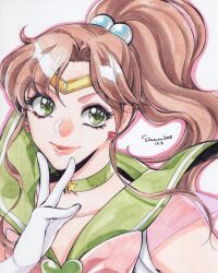  bishoujo_senshi_sailor_moon brown_hair choker earrings female green_choker green_eyes green_sailor_collar hair_bobbles hair_ornament highres inner_senshi jewelry kino_makoto lips magical_girl ponytail sailor_collar sailor_jupiter sailor_senshi sailor_senshi_uniform sao_(saowee) solo star_(symbol) star_choker traditional_media 