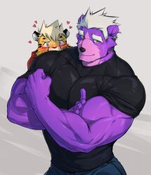  2019 anthro bear behind_another biceps black_clothing black_shirt black_topwear blonde_hair blue_bottomwear blue_clothing blue_pants blush bottomwear cheetah clothing duo felid feline flexing flexing_bicep forearm_muscles fur green_eyes hair heart_eyes heart_symbol hoodie kuron larger_anthro larger_male male male/male mammal markings muscular muscular_anthro muscular_male nate_(kuron) pants pecs pike_(kuron) purple_body purple_fur red_clothing red_hoodie red_topwear shirt size_difference smaller_anthro smaller_male spots spotted_body spotted_fur topwear ursine white_hair yellow_body yellow_eyes yellow_fur 