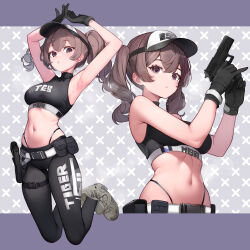  :o armpits arms_up belt belt_pouch black_belt black_gloves black_leggings black_panties breasts brown_hair buckle clothes_writing commentary_request commission crop_top crossed_bangs english_commentary female finger_on_trigger gloves grey_footwear gun hair_between_eyes handgun highleg highleg_panties highres holding holding_gun holding_weapon holster holstered leggings letterboxed looking_at_viewer lumina414 medium_breasts mixed-language_commentary multiple_views navel original outside_border panties panty_straps pixiv_commission pouch purple_eyes shoes sleeveless sleeveless_turtleneck snap-fit_buckle sneakers string_panties thigh_belt thigh_strap turtleneck twintails underwear visor_cap weapon white_belt 