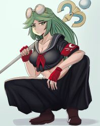  alternate_costume black_serafuku black_skirt breasts brown_footwear cleavage delinquent eyewear_on_head ezzydraws female fingerless_gloves full_body gloves green_eyes highres holding holding_staff kid_icarus kid_icarus_uprising looking_at_viewer palutena round_eyewear school_uniform serafuku skirt solo squatting staff sukeban 