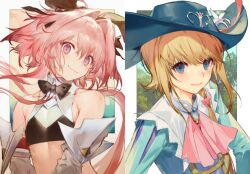  1boy 1other animal_ears ascot astolfo_(fate) astolfo_(saber)_(fate) bare_shoulders black_bow black_bowtie black_shirt blonde_hair blue_brooch blue_eyes blue_hat blue_shirt blue_sky border bow bowtie chevalier_d&#039;eon_(fate) closed_mouth collar comiket_97 crop_top detached_collar detached_sleeves eyelashes fake_animal_ears fang_out fate/grand_order fate_(series) flower hair_between_eyes hair_over_shoulder hairbow hat hat_feather hat_flower kodama_(wa-ka-me) lily_(flower) long_hair long_sleeves low_ponytail low_twintails male_focus male_playboy_bunny multiple_boys oerba_yun_fang otoko_no_ko outside_border pectorals pink_ascot pink_hair purple_eyes rabbit_ears shirt skin_fang sky sleeveless sleeveless_shirt smile stomach tight_clothes traditional_bowtie tree twintails two-tone_shirt upper_body very_long_hair white_border white_collar white_flower white_shirt white_sleeves 