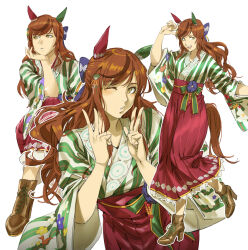  absurdres animal_ears blush brown_eyes brown_footwear commentary_request cowboy_shot double_v female full_body hair_between_eyes hair_ornament head_rest highres horse_ears horse_girl horse_tail japanese_clothes kimono long_sleeves looking_at_viewer multiple_views nice_nature_(converging_wishes)_(umamusume) nice_nature_(umamusume) official_alternate_costume official_alternate_hairstyle one_eye_closed open_mouth red_hair ruukii_drift shoes simple_background smile standing tail umamusume v white_background 