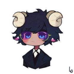  animal_humanoid black_hair black_tie_(suit) blue_eyes bovid bovid_humanoid caprine caprine_humanoid clothing hair hi_res horn human humanoid imkora justlauart male mammal mammal_humanoid sheep_ears sheep_horns sheep_humanoid solo suit tired 