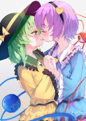  2girls absurdres after_kiss arm_around_waist black_hairband black_hat blue_shirt blush bow buttons commentary cowboy_shot diamond_button eyelashes facing_another film_grain french_kiss frilled_shirt_collar frilled_sleeves frills from_side green_eyes green_hair hairband hand_up hat hat_bow heart_button highres holding_hands hug incest interlocked_fingers kaminose_(user_veum4325) kissing komeiji_koishi komeiji_satori long_sleeves looking_at_another medium_hair multiple_girls open_mouth pink_hair profile red_eyes ribbon-trimmed_collar ribbon_trim saliva saliva_trail shirt short_hair siblings simple_background sisters sun_hat third_eye touhou tsurime twitter_username wide_sleeves yellow_bow yellow_shirt yuri 