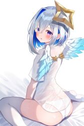  alternate_costume amane_kanata angel_wings ass ass_focus asymmetrical_bangs asymmetrical_hair bed_sheet between_legs blue_hair blue_wings blush bob_cut collared_shirt colored_inner_hair commentary_request embarrassed eyes_visible_through_hair feathered_wings female from_above from_behind gradient_wings grey_hair hair_over_one_eye halo hand_between_legs hololive looking_at_viewer multicolored_hair multicolored_wings no_pants panties pink_hair purple_eyes see-through see-through_shirt shirt short_hair short_sleeves single_hair_intake sitting solo star_halo streaked_hair thighhighs uekana9 underwear virtual_youtuber wariza wet wet_clothes wet_shirt white_panties white_shirt white_thighhighs white_wings wings zettai_ryouiki 