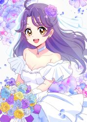  :d ahoge blue_flower blush bouquet breasts bridal_veil choker cleavage collarbone dress earrings female floating_hair flower gloves hair_flower hair_ornament highres holding holding_bouquet jewelry long_hair looking_at_viewer medium_breasts momotarouooi pendant precure purple_flower purple_hair rose short_sleeves smile solo suzumura_sango tropical-rouge!_precure veil wedding_dress white_choker white_dress white_flower white_gloves yellow_eyes yellow_flower 