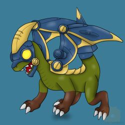  2012 activision artist_name blue_background blue_tail blue_wings claws colored digital_media_(artwork) dragon drobot_(skylanders) feral green_body hi_res infycharmander male mythological_creature mythological_scalie mythology open_mouth red_tongue robot_suit robotic scalie shaded sharp_teeth simple_background skylanders solo tail teeth tongue white_claws wings 