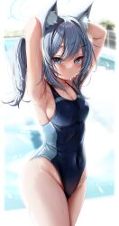  1female 1girls absurd_res absurdres armpits arms_behind_head blue_archive blue_eyes blue_swimsuit cat_ears clothed female halo hi_res highres kokuto_(kurousagi1210) large_breasts shiroko_(blue_archive) shiroko_(swimsuit)_(blue_archive) sideboob swimsuit thick_thighs white_hair 