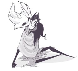  5_fingers ambiguous_gender animal_humanoid anthro arthropod arthropod_humanoid blush blush_lines carrying_another cloak closed_eyes clothed clothing duo emanata family fan_character fingers grimmchild_(hollow_knight) happy headpat hollow_knight horn hug humanoid insect_humanoid insects lycheespot mask monochrome no_pupils on_neck on_shoulder parent_(lore) parent_and_child_(lore) shaded shadow simple_background tail tail_motion tailwag team_cherry white_background wings 