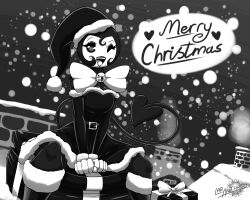  2019 5:4 5_fingers artist_name bell bendy_and_the_ink_machine bendy_the_dancing_demon bethany_(latiar) black_and_white black_heart black_text bow_ribbon breasts chimney christmas christmas_clothing christmas_headwear christmas_present clothed clothing costume demon dialogue digital_media_(artwork) english_text eyebrows eyelashes female fingers gift gloves handwear hat headgear headwear heart_symbol hi_res holidays humanoid latiar monochrome night number one_eye_closed open_mouth open_smile outside rule_63 santa_hat sitting smile snow solo speech_bubble tail talking_to_viewer teeth text tongue wearing_hat 