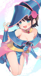  :d absurdres black_hair blue_dress blue_eyes blue_footwear blush boots commentary_request cosplay dark_magician_girl dark_magician_girl_(cosplay) dress female hat hat_tip highres hololive looking_at_viewer nyasunyadoora off-shoulder_dress off_shoulder oozora_subaru pelvic_curtain short_hair smile solo vambraces virtual_youtuber wizard_hat yu-gi-oh! 