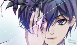  1boy artist_name bishounen black_nails blood blood_on_hands blue_background blue_eyes blue_hair ciel_phantomhive close-up closed_mouth covering_one_eye cracked_screen dark_blue_hair earrings expressionless gradient_background hair_between_eyes heterochromia highres jewelry kuroshitsuji looking_at_viewer male_focus multicolored_background purple_eyes saihachi06 short_hair signature solo stitched third-party_edit white_background 