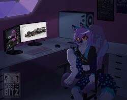  absurd_res anthro big_breasts blue_hair bottomwear breasts canid canine chair clothing computer computer_keyboard computer_mouse dark_room dipstick_ears dipstick_tail ear_markings electronics female fluffy fluffy_tail fox fur furniture gaming_chair hair hi_res inner_ear_fluff keyboard looking_at_viewer mammal markings mobzylewd monitor multicolored_body multicolored_ears multicolored_fur multicolored_hair neck_tuft one_leg_up phone pink_hair poster purple_body purple_fur raised_leg shorts solo star_(marking) sticker tail tail_markings the_dark_side_of_the_moon_(album) tuft two_tone_hair white_body yellow_sclera 