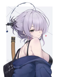  artist_name back bag bags_under_eyes bare_shoulders black_bra black_choker blue_cardigan bra breasts cardigan choker female grey_background grey_eyes grey_hair hair_between_eyes hair_ornament hair_over_one_eye hair_stick halo heart highres itokonoue_kaoru large_breasts long_bangs long_hair looking_at_viewer looking_back partially_undressed project_kv sia233333 solo sword sword_on_back underwear weapon weapon_on_back 