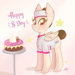  1:1 2017 baker birthday birthday_cake birthday_gift blush brown_eyebrows brown_eyelashes brown_eyes brown_mane brown_tail cake cherry closed_smile clothing colored cutie_mark dessert digital_drawing_(artwork) digital_media_(artwork) english_text equid equine eyebrows eyelashes fan_character feathered_wings feathers female female_feral feral folded_wings food fruit fur furniture hasbro hat headgear headwear hi_res hooves looking_at_viewer mammal mane mouth_closed my_little_pony mythological_creature mythological_equine mythology pegasus plant pockets quadruped rakkyoarts shaded shirt signature simple_background smile smiling_at_viewer solo standing star table tail tail_bun tan_body tan_feathers tan_fur tan_wings text topwear unguligrade white_background white_clothing white_hat white_headwear white_shirt white_topwear wings 