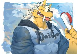  2024 anthro big_fangs big_muscles biped bodily_fluids canid canine canis closed_eyes fangs fur happy kuulongarl male mammal muscular muscular_anthro muscular_male rainbow smile smiling_at_viewer solo sweat teeth wet wet_body white_body white_fur wolf yellow_body yellow_fur 