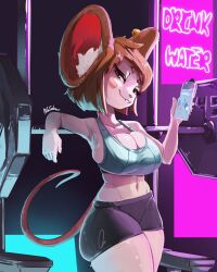  aleidom anthro barbell beverage big_breasts biped bottomwear breasts brown_hair cleavage clothed clothing female hair hi_res holding_beverage holding_object looking_at_viewer mammal mouse murid murine rodent shorts smile solo thick_thighs water 