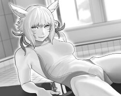  alternate_costume animal_ears cat_ears cat_girl cat_tail facial_mark female final_fantasy final_fantasy_xiv highleg highleg_one-piece_swimsuit low_twintails matheu_gafanhot miqo&#039;te one-piece_swimsuit pool solo swimsuit tail twintails y&#039;shtola_rhul 