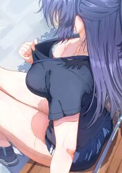  absurdres blue_archive blue_footwear blue_shirt blue_shorts bra breasts highres large_breasts on_bench pants pulling_own_clothes purple_hair shidoni shirt shorts sitting sweat torn_clothes torn_pants underwear yuuka_(blue_archive) yuuka_(track)_(blue_archive) 