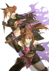  absurdres animal_ears black_gloves blue_eyes blush braid breasts brown_hair cleavage commentary_request female fingerless_gloves fishnet_thighhighs fishnets gloves highres holding holding_weapon horse_ears horse_girl horse_tail japanese_clothes kunai large_breasts looking_at_viewer multiple_views ninja obi open_mouth ruukii_drift sash scarf short_hair shuriken_hair_ornament simple_background super_creek_(flowery_shadow_amongst_the_gentle_rain)_(umamusume) super_creek_(umamusume) tail thighhighs umamusume weapon white_background 