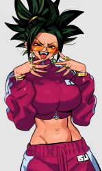  alternate_costume bracelet breasts casual crop_top dragon_ball dragon_ball_super earrings fangs female gold_bracelet jacket jewelry kefla_(dragon_ball) long_sleeves looking_at_viewer midriff multiple_bracelets multiple_rings nanika_(nnkgh) navel open_mouth pants potara_earrings ring simple_background solo spiked_hair sunglasses toned_female tongue tongue_out track_jacket track_pants track_suit white_background 