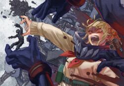  absurdres angry arm_up bandana belt blonde_hair blood boku_no_hero_academia bracelet cardigan fangs glowing glowing_eyes hair_bun highres jewelry messy_hair multiple_hands neckerchief open_mouth reaching red_eyes red_neckerchief toga_himiko twice_(boku_no_hero_academia) yomoyama_yotabanashi 