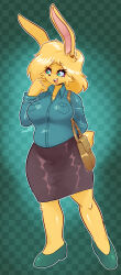  absurd_res anthro artist_name black_bottomwear black_clothing black_skirt blonde_hair bottomwear checkered checkered_background clothing ear_piercing ear_ring female footwear full-length_portrait fur green_eyes hair hi_res high_heels jamoart lagomorph leporid long_hair looking_aside mammal mature_female open_mouth pattern_background pencil_skirt piercing portrait purse rabbit rebecca_shrine ring_piercing shirt shoes signature simple_background skirt smile solo teal_clothing teal_shirt teal_topwear topwear yellow_body yellow_fur 