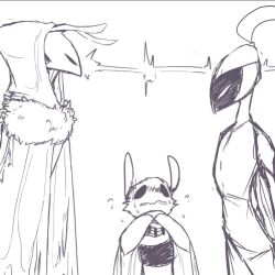  ambiguous_gender angry animal_humanoid antennae_(anatomy) anthro arthropod arthropod_humanoid bee bodily_fluids clothed clothing emanata english_description fan_character glare glaring glaring_at_another group hate hollow_knight hooded_cloak humanoid hymenopteran insect_humanoid insects lycheespot mask monochrome nervous no_pupils raised_arms simple_background size_difference stand_off sweat sweatdrop team_cherry trio white_background wings 