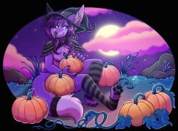  absurd_res anthro canid canine clothing emberfox female fennec_fox food footwear fox fruit halloween hat headgear headwear hi_res holidays leggings legwear magic_user mammal plant pumpkin purple_body samhain socks solo tidehardt true_fox witch 