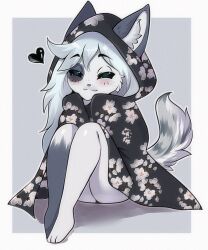  anthro arctic_fox bedding blanket blanket_grab blue_hair canid canine eye_spot female fox freckles fur hair hi_res leg_markings lunarii mammal markings milk_(milkthefox) socks_(marking) solo true_fox white_body 