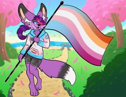  anthro beach bottomwear canid canine clothing emberfox female fennec_fox flag flag_(object) fox hair holding_flag holding_object hoodie lesbian_pride_colors lgbt_pride long_hair mammal nightlinez orange_lesbian_pride_colors outside plant ponytail pride pride_colors purple_body sea shorts solo topwear trans_(lore) transbian transgender_pride_colors tree true_fox water 