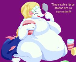  anthro ass belly big_belly big_breasts big_butt blonde_hair breasts digital_media_(artwork) eating enkah female generation_7_pokemon hair hi_res long_hair mammal marine nintendo obese obese_anthro obese_female overweight overweight_anthro overweight_female pinniped pixel_(artwork) pokemon pokemon_(species) primarina simple_background solo tail text wide_hips 